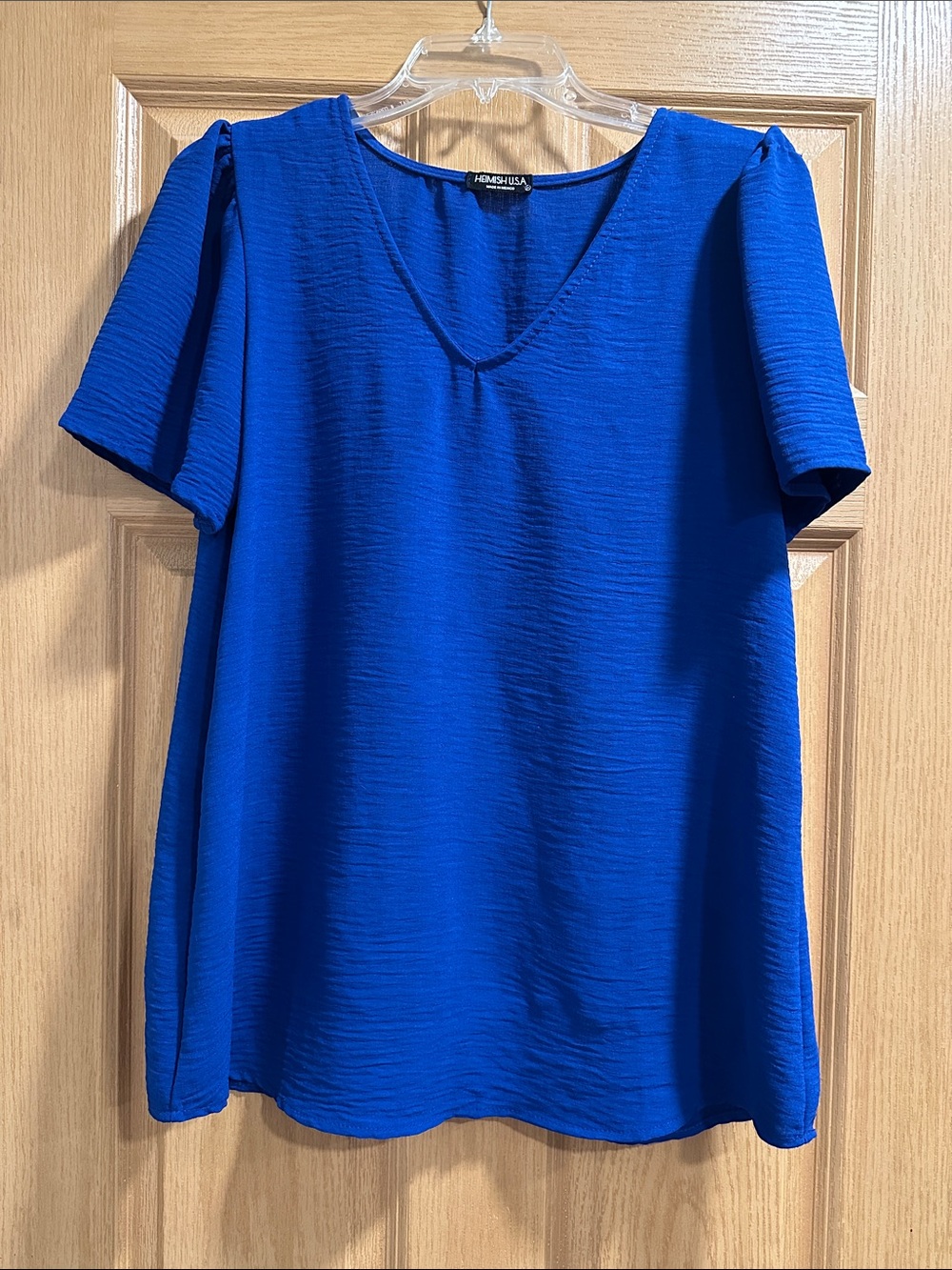 Hemish USA Royal Blue V-Neck Textured Short Sleeve Blouse - Picture 1 of 7